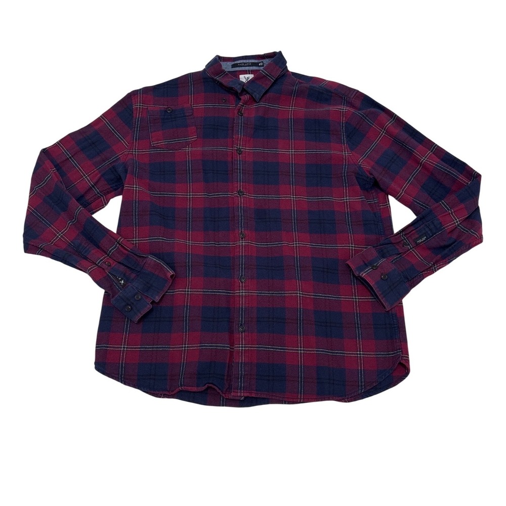 Y2K Marc Ecko Cut & Sew Mens XL Flannel Shirt Plaid Burgundy Navy Blue Cotton